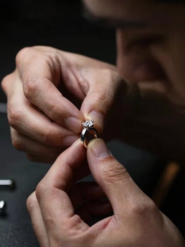 Close-up of an artisan's hands, in profile, meticulously setting a natural diamond into a precious metal ring on an workbench, dramatic side lighting, deep shadows, luxury editorial, 85mm, tools visible, off-center subject.
