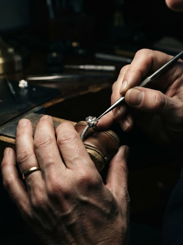 Wide shot of a master jeweler's hands meticulously setting a natural diamond in a private Geneva atelier, dramatic side lighting, deep black and champagne tones, extreme close-up, high contrast, luxury editorial, 85mm