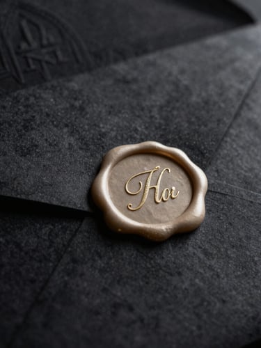 Extreme close-up of a wax-sealed invitation envelope with a subtle gold initial, dramatic side lighting, deep black and champagne tones, high contrast, luxury editorial, 85mm, discreet architectural detail in background, aspect: portrait