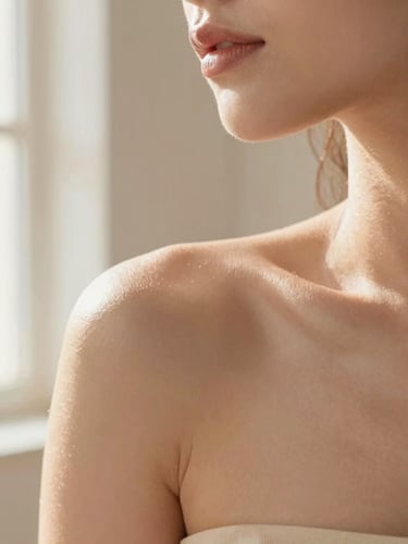 Close-up of clean, healthy skin with natural texture, soft morning window light, warm rose-quartz tones, elegant and calm