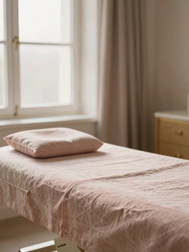 Serene treatment room with soft linen, elegant minimalist decor, warm editorial photography, soft natural window light, shallow depth of field