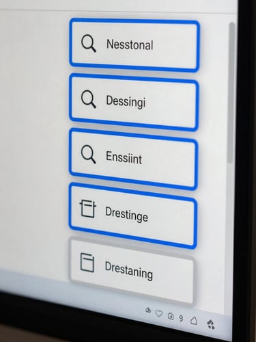 Extreme close-up of a monitor screen showing a web interface detail — a precisely spaced button with a single vivid blue border, clean sans-serif label, pixel-perfect alignment visible, north-facing daylight reflected softly on the glass, no glare