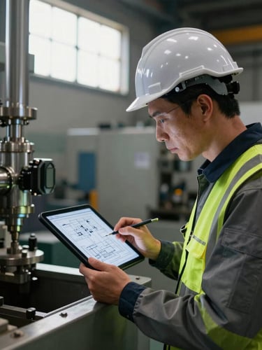 An engineer in high-visibility safety gear inspecting industrial machinery with a tablet showing technical blueprints, sharp focus.