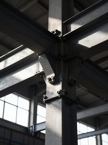 Detailed close-up of heavy mechanical joints and structural steel beams inside a factory, high-contrast industrial lighting, dramatic shadows, sharp focus, 35mm lens