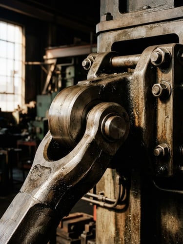 Detailed close-up of a heavy industrial mechanical joint, high-contrast metallic tones, dramatic factory window light, sharp focus, 35mm lens.