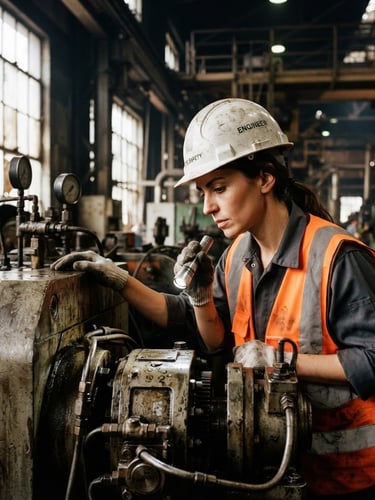 Close-up of a mechanical engineer in high-visibility safety vest and hardhat inspecting heavy industrial machinery, dramatic factory window light, high-contrast metallic tones, sharp focus, 35mm lens