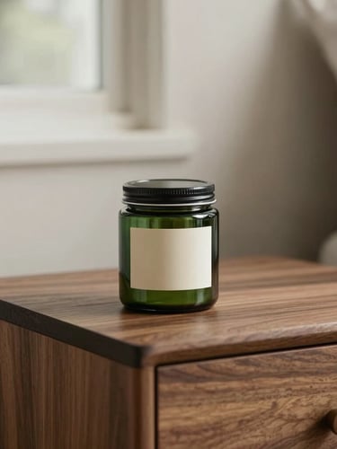 Elegant lifestyle photography of a premium dark green glass jar with a minimalist cream label sitting on a modern walnut nightstand, soft natural window light, warm muted earth tones, 35mm