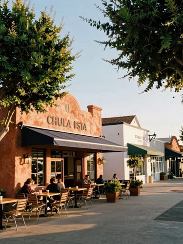 A vibrant, tree-lined street scene of Historic Third Avenue in Chula Vista, featuring cozy outdoor café seating, warm stucco architecture, and a welcoming community atmosphere under a bright San Diego sky.