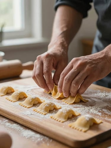 Extreme close-up of a cook's hands portioning fresh pasta on a flour-dusted wooden board under a single window, natural daylight from the left, the counter edge visible, no staging — mid-prep