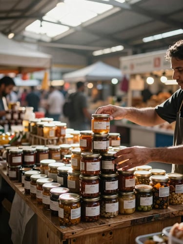 Wide shot of a food market hall at peak morning hour, a vendor's hands arranging stacked jars on a wooden stall counter, overhead daylight streaming through skylights, other stalls blurred in the background, product labels and textures sharp in the foreground