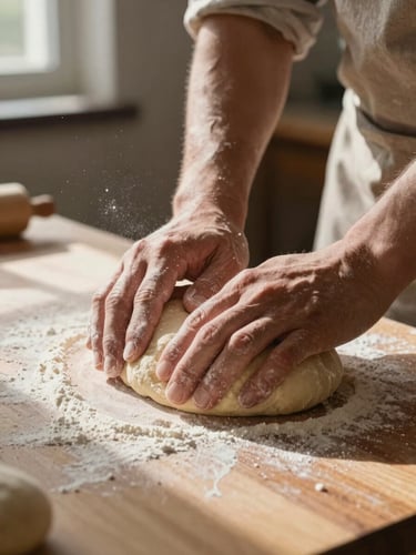 Extreme close-up of weathered hands pressing into fresh dough on a floured wooden counter, natural window light raking across the surface from the left, flour dust visible mid-air, forearms and the edge of a linen apron just in frame