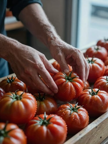 Extreme close-up of hands arranging heirloom tomatoes on a wooden market stall at opening time, cool morning light from a side door, condensation on the produce, no people's faces visible
