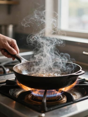 Extreme close-up of a cast-iron pan on a flame, hands adjusting the handle from the left edge, a restaurant kitchen mid-service in the background softly out of focus, natural window light cutting across the counter from the right, steam rising from the pan surface