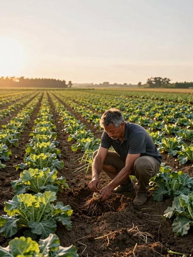 Wide environmental shot of a farmer crouching in a vegetable field at early morning, hands pulling a root vegetable from dark soil, flat golden pre-dawn light raking across crop rows from the left, the field extending to a treeline on the horizon