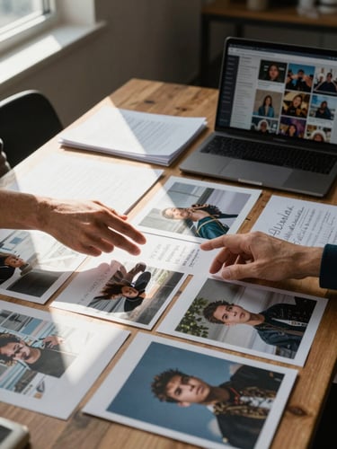 Close-in view of a small agency planning session at a wooden table covered in printed photos, handwritten notes, and a laptop screen showing a social feed — two pairs of hands reaching across the table mid-conversation, natural window light raking across the surface from the left, high contrast, no faces visible, the work itself is the subject