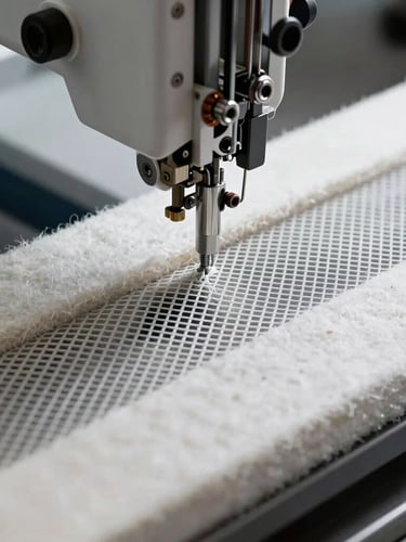 Detailed macro shot of the Strobel stitching process, showing the precise connection where the mesh capellada meets the thick felt-like plantilla, high-contrast industrial workshop lighting, 35mm