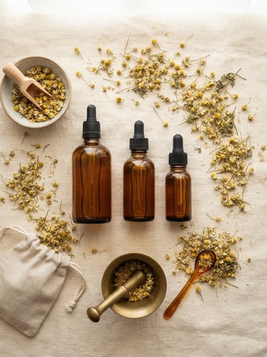 A clean overhead flat-lay of amber glass tincture bottles and dried chamomile flowers on a warm cream linen cloth, soft diffused daylight