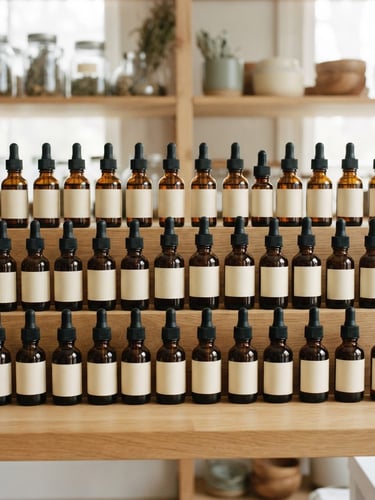 A straight-on clean shot of amber glass tincture bottles arranged neatly on a light oak wooden shelf under soft diffused daylight.