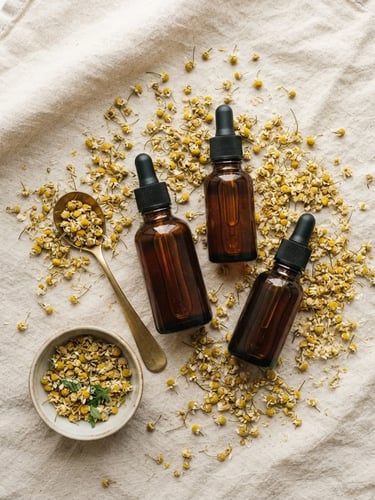 Overhead flat-lay of clean amber glass tincture bottles and loose dried chamomile on a textured cream linen cloth, soft diffused daylight