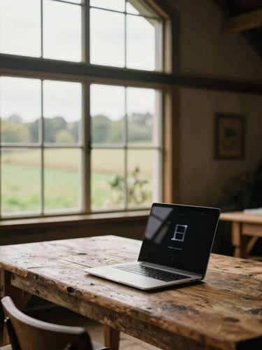 A warm editorial photo of a converted barn office at Home Farm, rustic wooden tables paired with modern laptops, soft natural overcast English daylight shining through high windows, 35mm.