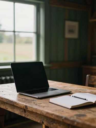 A warm editorial photograph of a rustic wooden table inside a converted barn office, soft overcast English daylight streaming through a window, a modern laptop and thick paper notebook visible, deep forest green tones.