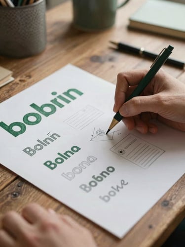 A close-up of hands sketching a brand layout on thick heavy paper on a rustic wooden table, soft warm indoor lamplight, 35mm editorial photography