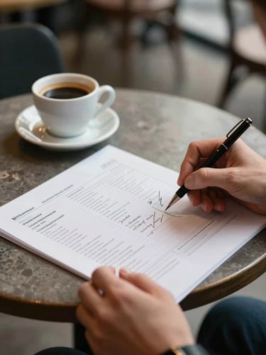 Close-up of two hands across a small cafe table reviewing a printed monthly report with hand-annotated margin notes, a ceramic espresso cup to one side, soft diffused daylight, warm tones