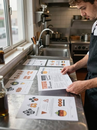 Wide environmental shot inside a small restaurant kitchen during quiet prep hour: a Pomodoro team member reviews printed content mockups spread across a stainless prep counter, natural light coming through a side window, chef's tools visible in the background