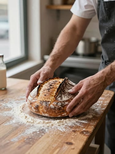Close-up of a baker's hands placing a sourdough loaf on a worn wooden counter inside a small café kitchen, flour dusted surface, soft diffused daylight from a window to the left, warm tones, no text or signage visible