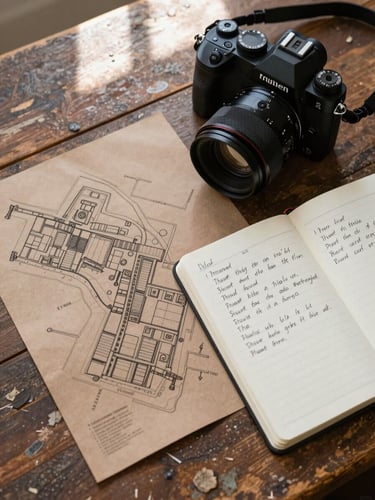 Close overhead flatlay on a worn wooden table: a hand-drawn site map on kraft paper, a camera body, and a notebook open to handwritten shoot notes, lit by soft north-facing window light filtering across the surface