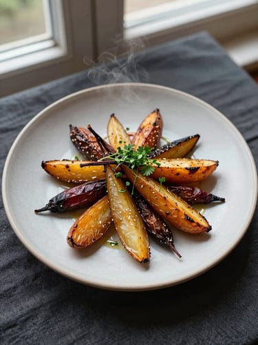 Close-up overhead flatlay of a hand-crafted restaurant dish — roasted root vegetables on a matte ceramic plate, fresh herb garnish, soft north-facing window light, steam barely visible, dark linen beneath