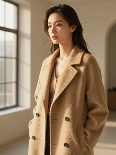 Elegant woman in a sand-colored wool coat, soft golden hour window light, minimalist architectural background, warm editorial fashion photography