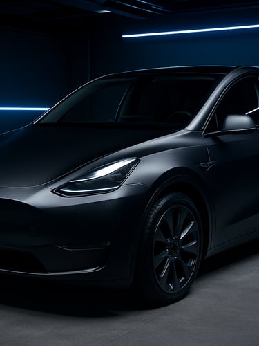 A pristine Tesla Model Y with flawless matte paint protection film, parked in a clean modern garage with electric blue accent lighting.