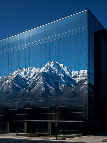 Wide angle shot of a modern glass office building in Salt Lake City reflecting the snowy Wasatch range, bright crisp natural sunlight