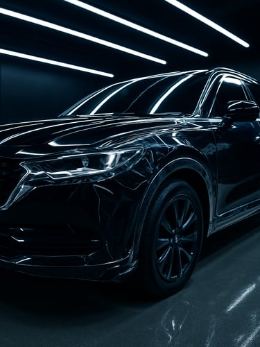 High-contrast interior photography of a cleanroom-grade automotive styling bay, overhead LED light bars reflecting off a dust-free concrete floor, a black vehicle prepped for film.