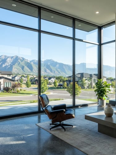 Bright sun-drenched modern home interior in Riverton Utah, large floor-to-ceiling windows showing clean suburban landscape, natural high-contrast sunlight, razor-sharp focus on glass clarity