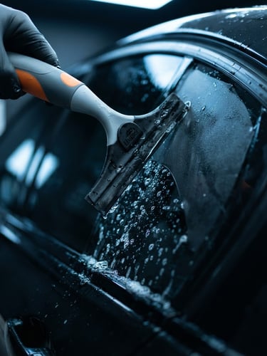 Macro shot of a squeegee pressing water out from a dark window film on a luxury car window, intense clean studio lighting, cool blue highlights