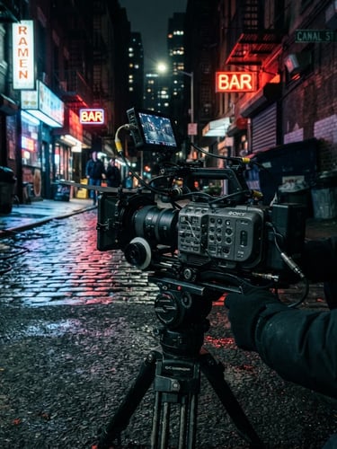 Dynamic low-angle shot of a high-end cinema camera rig (Sony FX9) with prime lens, in a moody, neon-lit NYC alley at night, sharp focus on the gear, deep shadows, gritty urban editorial style.