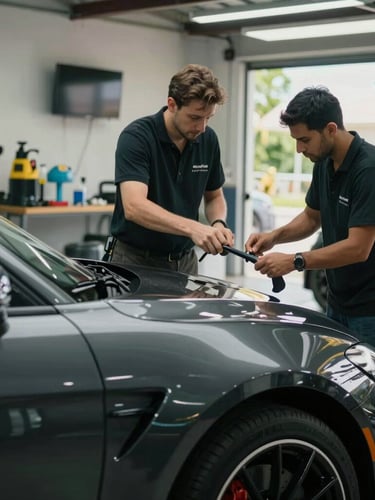 Environmental shot of a professional car detailing bay in Puerto Rico, soft natural light reflecting off a polished dark sports car.