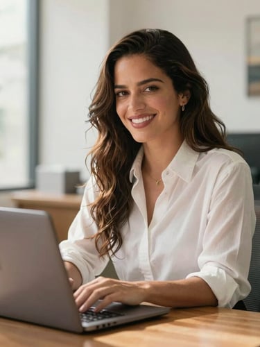 Medium-close portrait of Rosalía Rojas in a bright San Juan office, smiling confidently, looking directly at the camera, laptop open on a wooden table, warm natural Caribbean daylight.