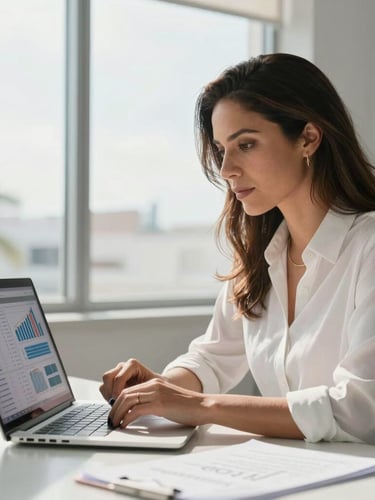 Portrait of Rosalía Rojas González in a brightly lit, modern San Juan office, analyzing complex business data on a laptop screen with a focused, professional expression. Soft Caribbean daylight streaming through a large window, clean high-contrast composition.