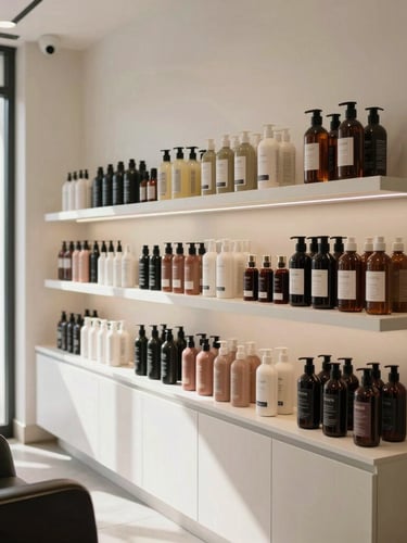 Medium shot of a high-end modern hair salon interior in San Juan, natural daylight, clean minimalist shelves displaying luxury hair products.