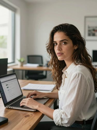 Medium-close portrait of Rosalía Rojas González in a bright, modern office in San Juan, natural Caribbean daylight softening the indoor space, sitting at a clean wooden desk with a laptop displaying a Shopify dashboard, direct eye contact, professional and warm.