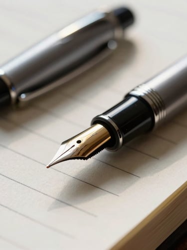 Macro close-up of a fountain pen resting on a heavy-weight paper ledger book, soft natural morning side-light, shallow depth of field.