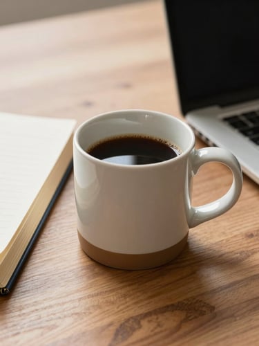 Medium close-up shot of a ceramic coffee mug next to a vintage ledger book and a sleek laptop on a warm wooden desk, soft natural side-lighting.