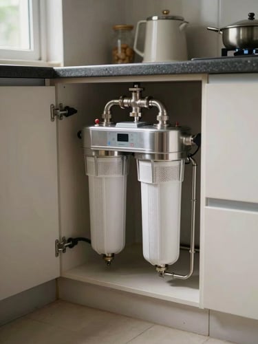 Wide environmental shot of a compact RO purifier unit mounted under a kitchen counter in a Thane residential apartment, soft natural side-light from a nearby window illuminating stainless steel pipes and filter housings, real kitchen context visible in background