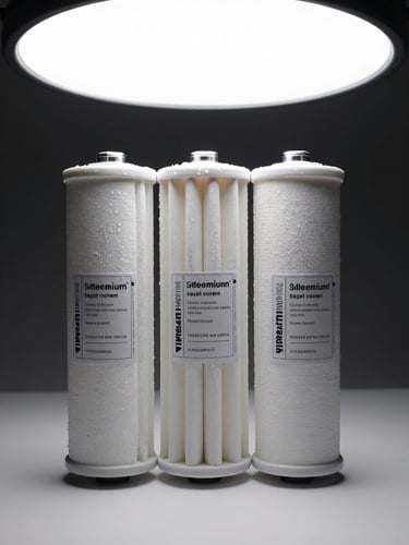 Close-up of three cylindrical RO filter cartridges laid side by side on a clean white surface, each with a visible label showing filter stage name, soft studio strobe light from above, slight water droplets on the outer casing, no text visible on labels