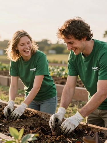A warm, candid medium shot of two volunteers in work gloves, laughing while planting a community garden in soft golden-hour daylight, earthy green tones.