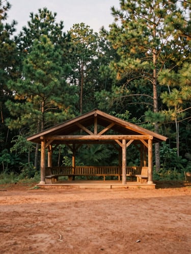 Wide shot of a rustic wooden pavilion in Waleska, Georgia, surrounded by deep green pine forests, soft overcast daylight, warm clay soil in the foreground