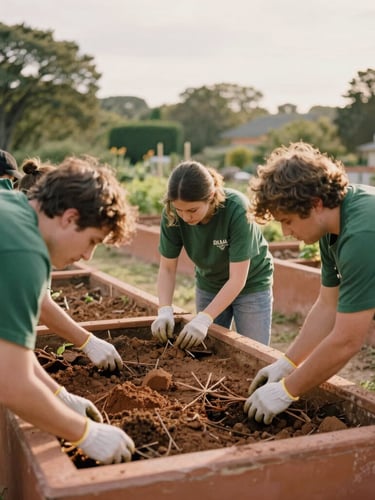 A wide-angle shot of volunteers in work gloves working side-by-side to build a community garden bed, warm overcast daylight, soft clay terracotta and forest green tones, candid framing.